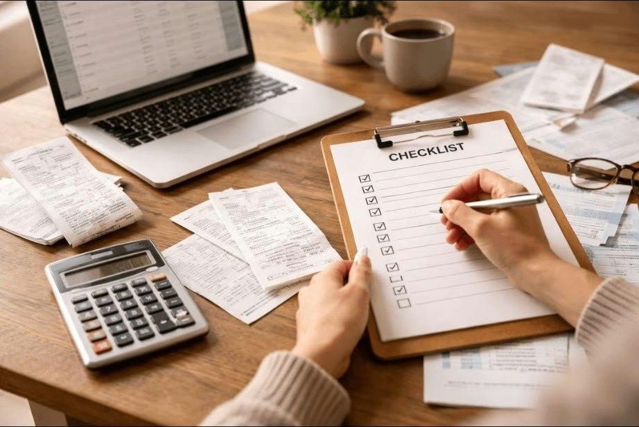 Hands completing a bookkeeping checklist with receipts and calculator